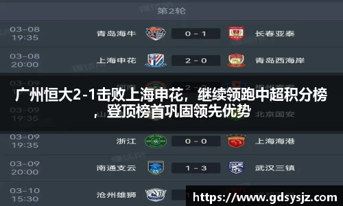 广州恒大2-1击败上海申花，继续领跑中超积分榜，登顶榜首巩固领先优势